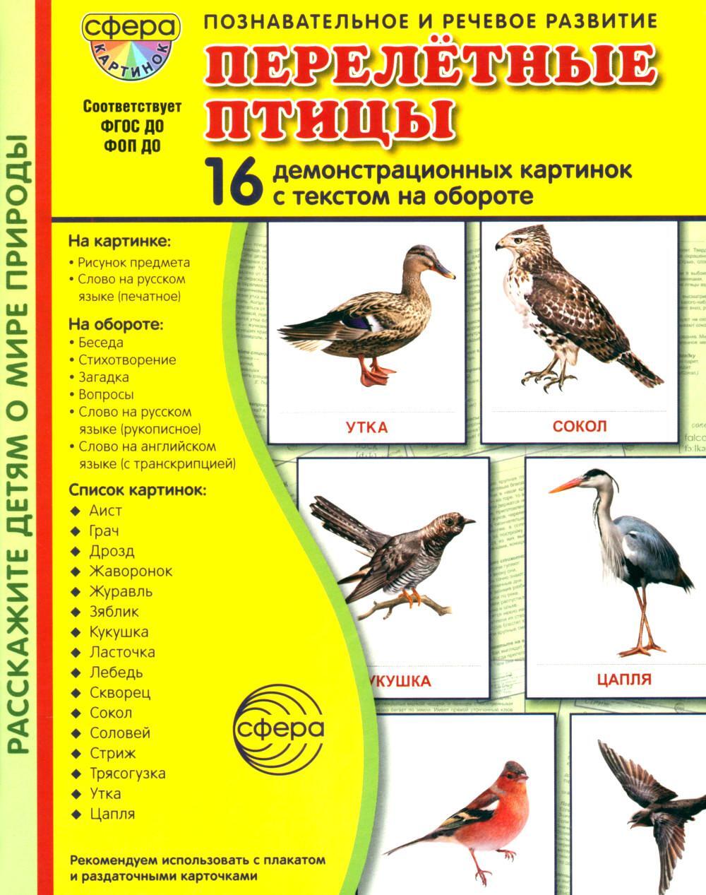 Перелетные птицы. 16 демонстрационных картинок с текстом на обороте